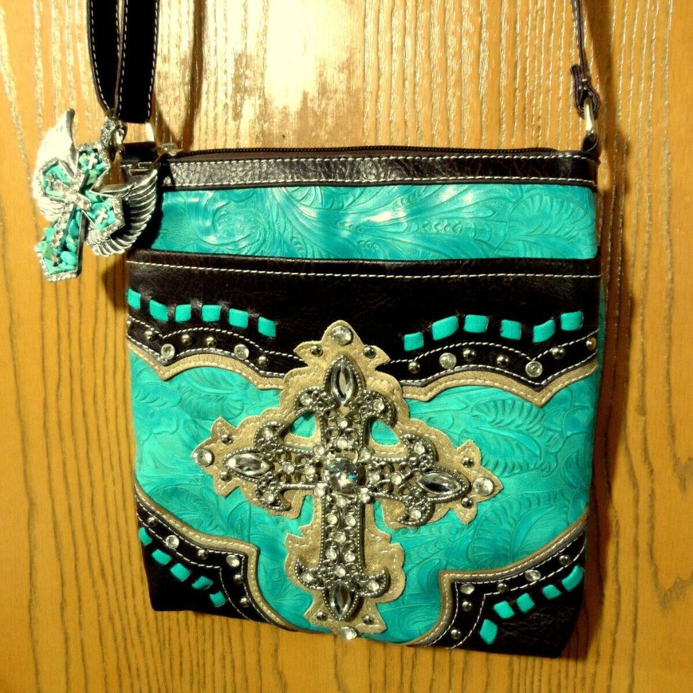 BHW Western Cross Bling Beaded Purse Turquoise Brown Silver Crossbody bag